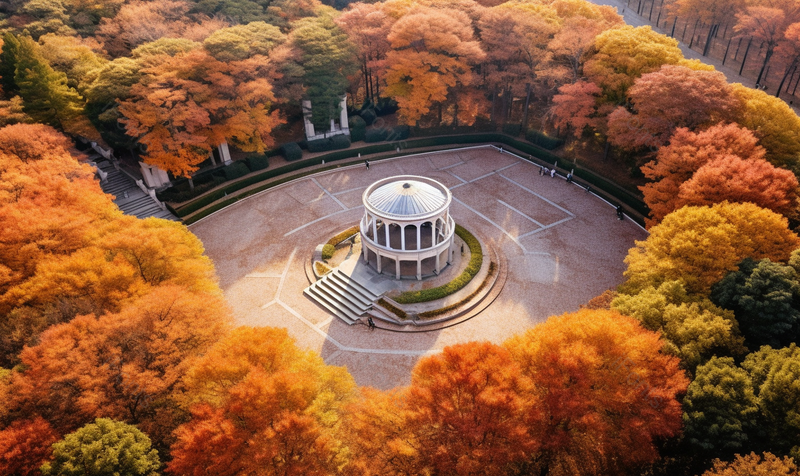 唯美秋冬季节一个巨大红色树林围绕现代简约建筑场景,高清,摄影图,摄影图片,图片大全,摄影图免费下载